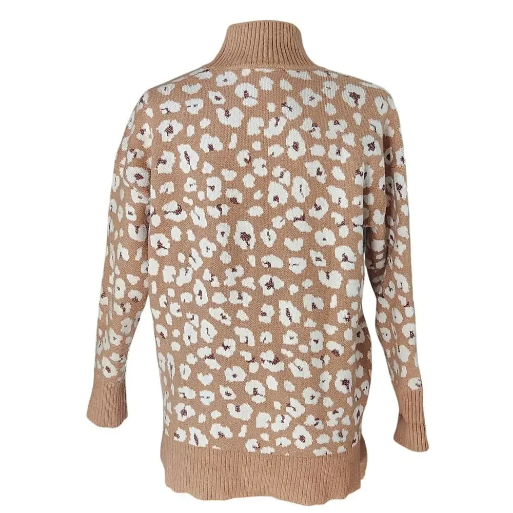 🐆 LOFT Leopard Print Mock Neck Sweater | Tan & White Metallic Accent | Size M